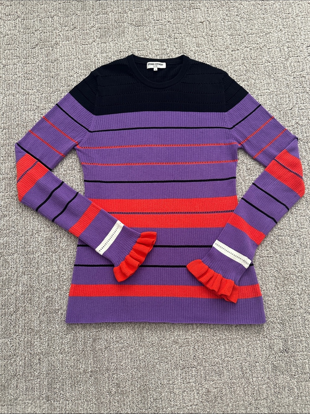 Opening Ceremony Purple Red Black Striped Ruffle Cuff Sweater